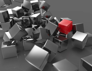 Silver abstract cubes background one is red