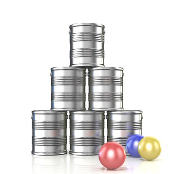 Tin cans and three balls