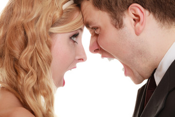 Angry woman man yelling at each other. Fury bride groom.