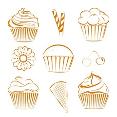 Collection of vector sweets, cupcakes. Outline