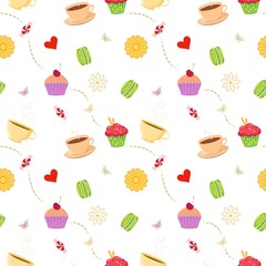 Hand drawn seamless pattern with cupcakes, macaroons and teacups