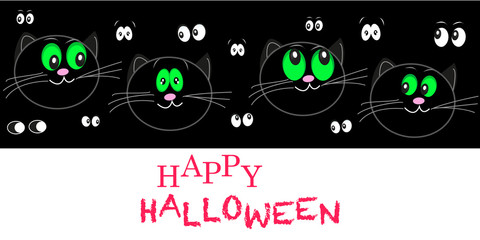 Halloween greeting card with glowing in the dark cat eyes