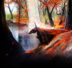 Fantasy warrior knight in red hood kneel on a autumn lake background illustration.