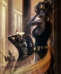 Greek monster goddess Medusa posing with stone warriors illustration. © breakermaximus