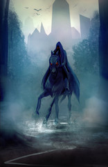 Black fantasy horseman with hood riding in dark forest road illustration. - obrazy, fototapety, plakaty