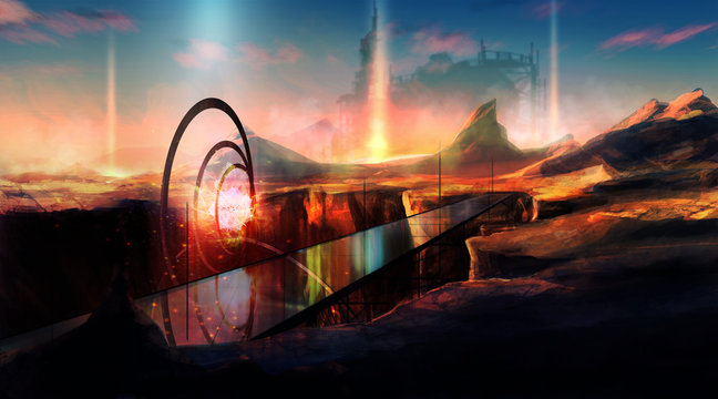 Futuristic alien planet landscape illustration with hills and bridge portal generator.