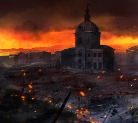 Fototapeta premium Illustrated post battle scene with tanks, church & grave crosses background artwork.