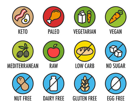 Set of colorful round icons of various diets and ingredient labels. Including ketogenic, paleolitic, vegetarian, vegan and more.