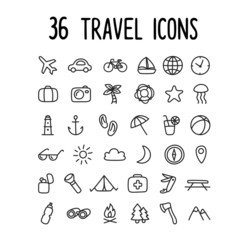 36 hand drawn doodle style travel icons: beach vacation, camping, modes of transportation and more.