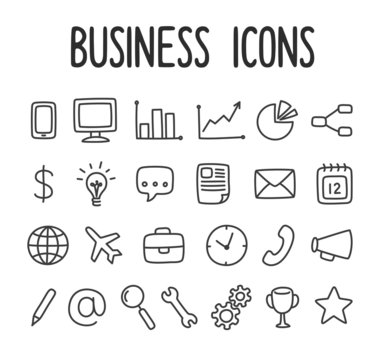 Set of hand drawn business and communication line icons.