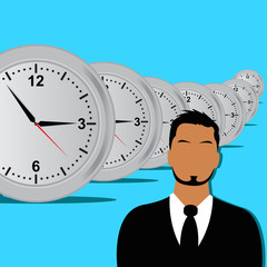 businessman and clocks on the background in flat style