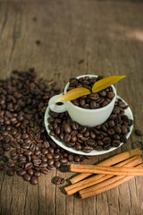 Coffee cup and coffee bean on a wooden table and Coffee plant