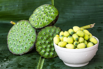 Lotus seed on banana leaf