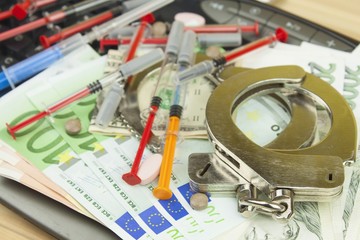 The concept of cybercrime. Illegal sales of medications and drugs over the Internet. Valid banknotes euro and the Czech koruna. Arrest cybercriminals, metal handcuffs and computer keyboard.
