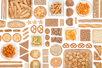 crackers and snacks on white background
