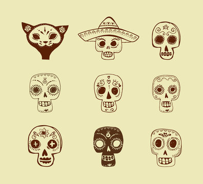 doodles, mexican skull set, day of the dead