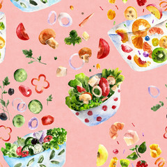 Seamless pattern with salad. Watercolor illustration