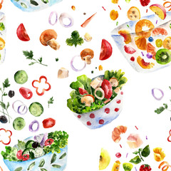 Seamless pattern with salad. Watercolor illustration