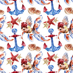 Seamless pattern with gold fish, anchor and sea shell. Watercolor illustration.