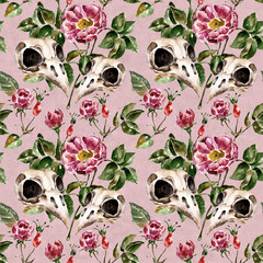 Seamless pattern with flowers and birds skull. Watercolor illustration  with briar, dog-rose