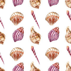 Seamless pattern with sea-shells. Watercolor illustration.