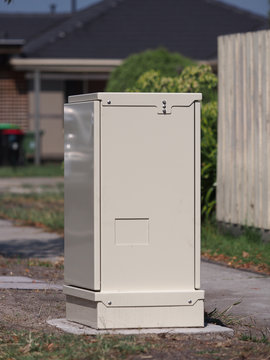 Melbourne, Australia - February 19, 2015: A fiber distribution cabinet roadside in the suburb of Noble Park , part of the Australian  National Broadband Network roll out..