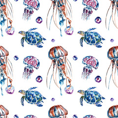 Naklejka premium Seamless pattern with jellyfish and turtles. Watercolor