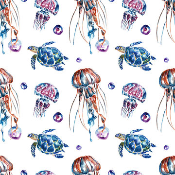 Seamless pattern with jellyfish and turtles. Watercolor