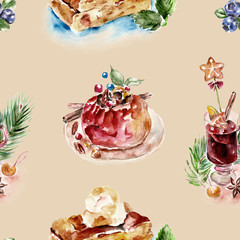 Seamless dessert pattern. Watercolor illustration.