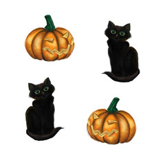 Isolated Halloween background, set with black cat, pumpkin