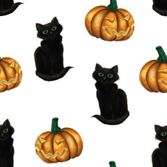 Seamless pattern with black cat and pumpkin