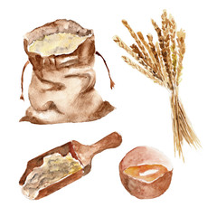 Isolated set with bread, flour, wheat. Watercolor illustration