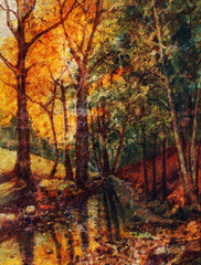 Obraz na płótnie Canvas landscape oil painting with river in autumn forest. Vintage 