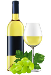 White wine bottle with a glass and grapes. EPS10 photo-realistic vector illustration.