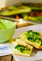 house focaccia with green onions sauce.