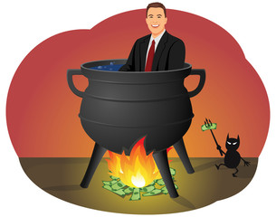 Smiling businessman sitting in the infernal cauldron. Little devil with a trident is stoking the money fire.