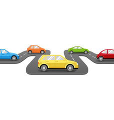 Multicolored Cars on Road. Vector Perspective Transport Backgrou