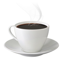 Cup of hot coffee with steam and saucer on white background. Vec - 85863184