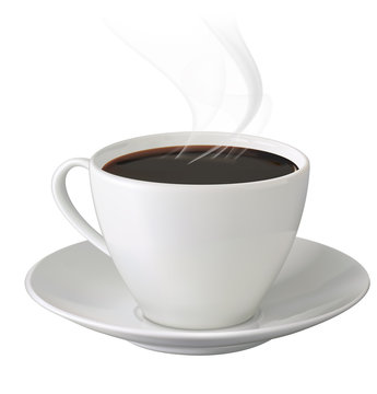 Cup of hot coffee with steam and saucer on white background. Vec