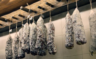 many Salamis hanging in the shop in Italy