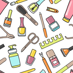 Vector seamless pattern of manicure and pedicure doodle equipmen