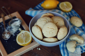 Lemon cookies in plate, biscuit Shortbread, vintage toning