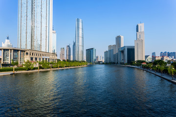 Modern buildings and river in urban city