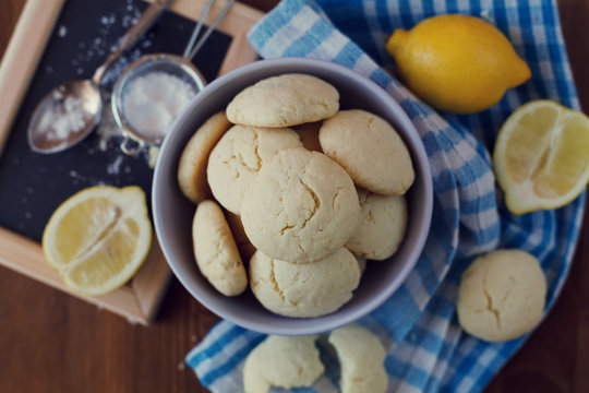 Lemon cookies in plate, biscuit Shortbread, vintage toning