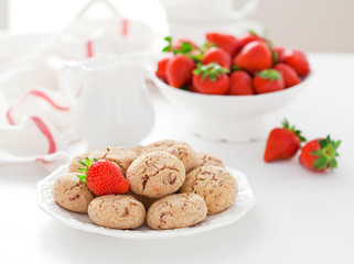 Oat bran, coconut and strawberry cookies, selective focus