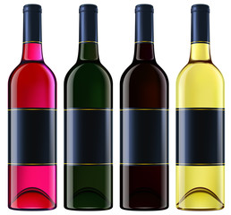 Wine bottles - pink (rose), red and white varieties. EPS10 photo-realistic vector illustration.