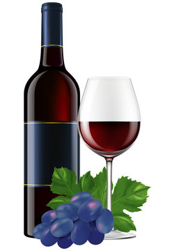 Red wine bottle with a glass and grapes. EPS10 photo-realistic vector illustration.