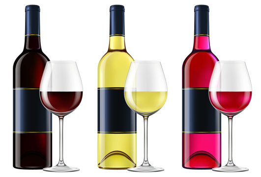 Wine bottles and glasses - red, white and pink wine. EPS10 photo-realistic vector illustration.