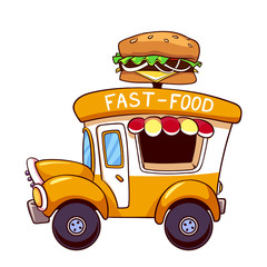 Cartoon fast-food car with a big hamburger on a white background
