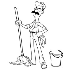 Smiling cleaner with a mop and bucket outlined on a white backgr